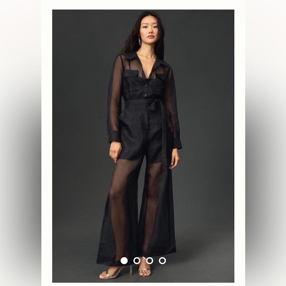 By Anthropologie Black Silk Sheer Utility Jumpsuit